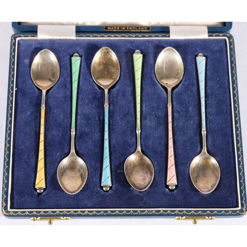 3 - Cased set of six sterling silver and enamelled teaspoons, H Clifford Davis Ltd, Birmingham, 1959, 67... 