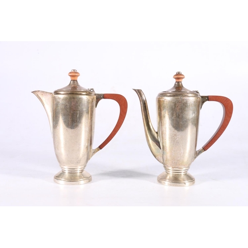 30 - Sterling silver two piece cafe-au-lait sevice with wooden handles and finial, Sauders and Macheuzie,... 
