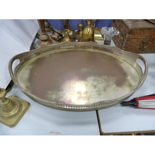 11 - EP galleried tray, circular tray, matching EP cream and sugar, pair of brass candlesticks, copper pl... 