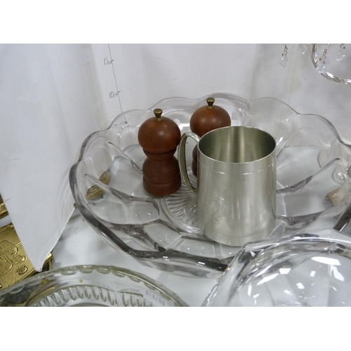 25 - Three-sconce candelabrum, hip flask, glass bowls, EP and glass cruet set, condiments, tankard etc.