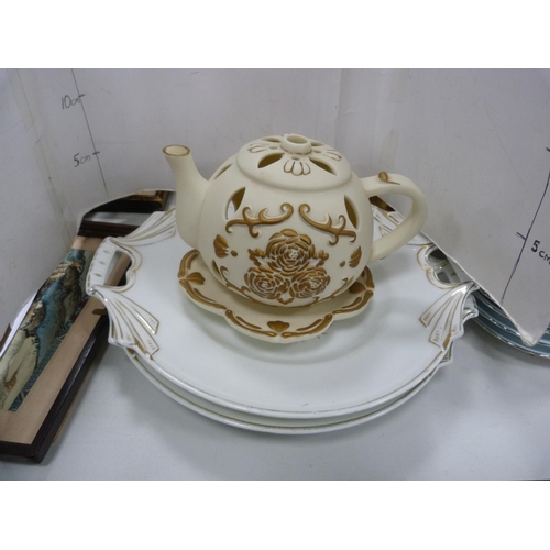 29 - Pair of gilt framed prints, pair of floral decorated ewers, Royal Stafford coffee set, teapot on sta... 