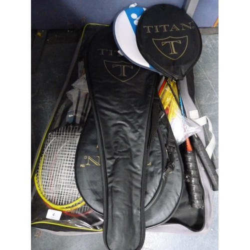 4 - Collection of Titan and other badminton racquets,  shuttlecocks etc.