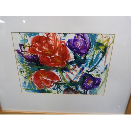 47 - Eileen CookFishing boatWatercolour, an acrylic by the same hand of a seascape, another of tulips, mi... 