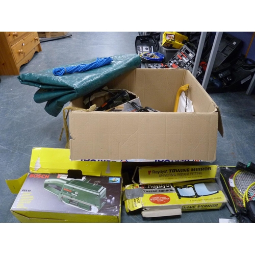 5 - Carton containing saw, metal candle sconces, Black & Decker electric sander, boxed Bosch belt sa... 