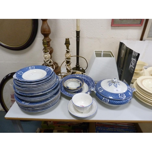 52 - Part blue and white dinner set, tureen, a Willow pattern bowl, turned wood candle stand, a pair of t... 