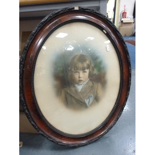 53 - Portrait lithograph of a child in an oval frame and a framed photograph of a road, carton containing... 