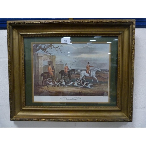 16 - After JH LynchTwo hunting prints in gilt frames, also a print of a couple embracing.  (3)... 