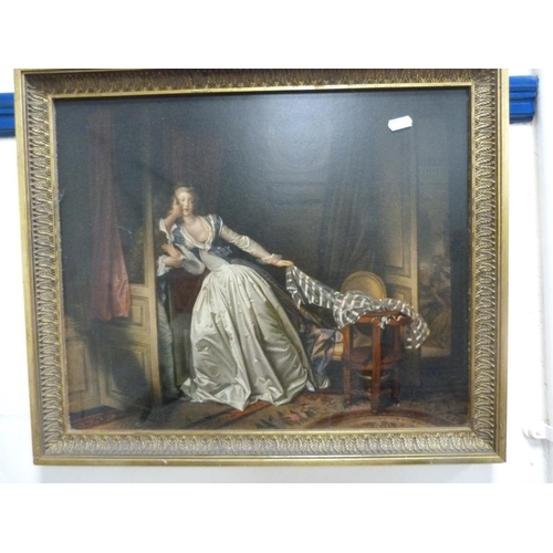 16 - After JH LynchTwo hunting prints in gilt frames, also a print of a couple embracing.  (3)... 