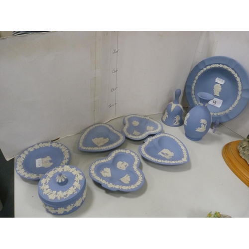 18 - Collection of Wedgwood blue Jasper ware to include trinket box, pin dishes, bell, vase, plate etc.&n... 