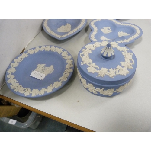 18 - Collection of Wedgwood blue Jasper ware to include trinket box, pin dishes, bell, vase, plate etc.&n... 