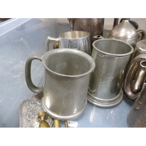 21 - Carton containing EP to include hotel plate teapots and goblets, also brass implements etc.