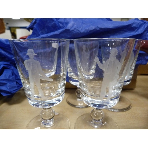 30 - Set of six David Gulland engraved glasses, boxed.