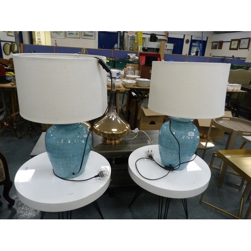 55 - Pair of contemporary Ruskin-style blue glazed table lamps with shades.