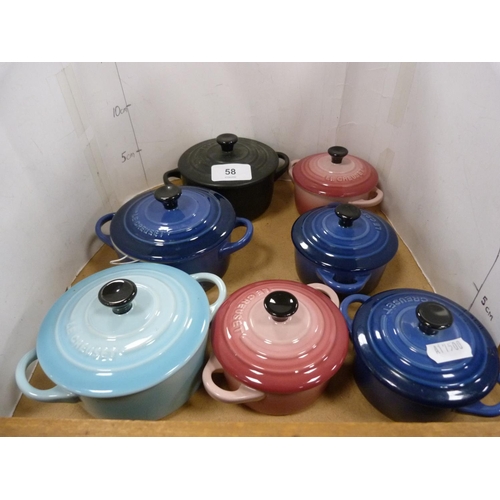 58 - Seven assorted petite Le Creuset casseroles with covers.  (7)