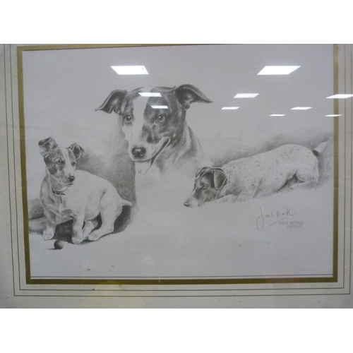 6 - PD DixonDogsSigned and dated 1992, also Joel Kirk, pencil signed print of Jack Russell terriers and ... 