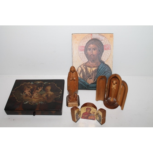 24 - Small lacquered box decorated with cherubs, and a collection of religious icons.