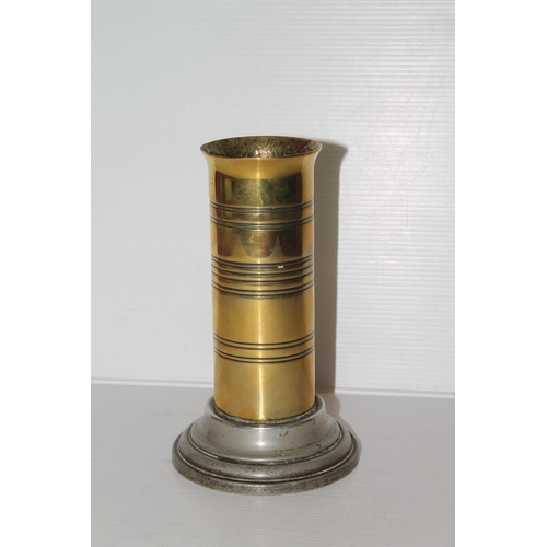 48 - Unusual weighted pewter and brass vessel, 17cm.
