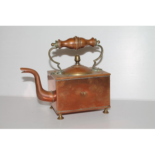 51 - Copper and brass teapot of square section, 21cm.