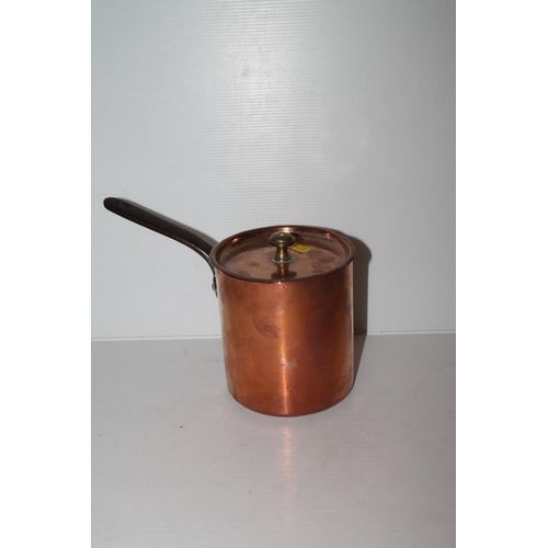 56 - Benham & Froud copper pot and cover, stamped 'M S S 10' to the cover, 15cm.
