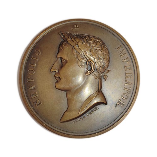 France. 1804 Napoleon Coronation Medal later restrike struck in bronze c1900. OBV bust of Napoleon crowned with laurel wreath and facing left after a design by Galle / REV figure of Paris standing before enthroned emperor below text "Tvtela Praesemnts" after a design by Jeuffroy. D68mm