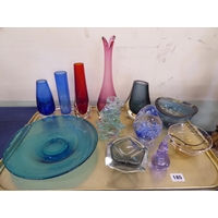 Coloured glass vases, dishes, Leonardo candlestick etc.