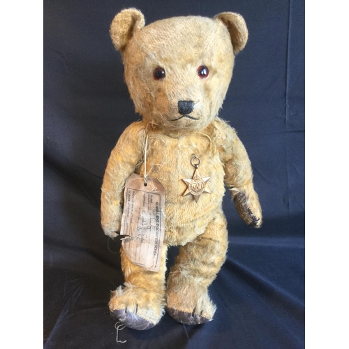 RARE ORIGINAL WW2 42CM TALL CHILDS EVACUEE TEDDY BEAR WITH TAG AND MEDAL