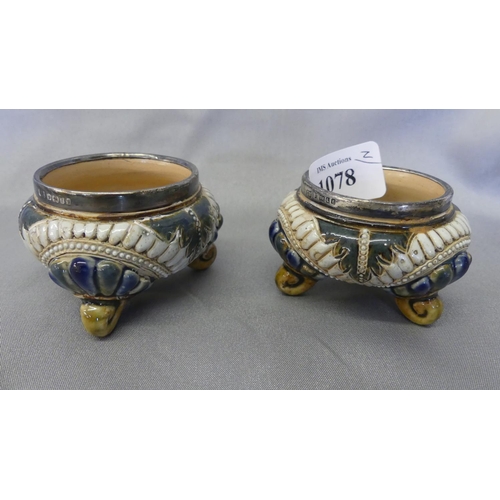 1078 - Pair of Doulton Lambeth Stoneware Salts with Sheffield Silver Rims.