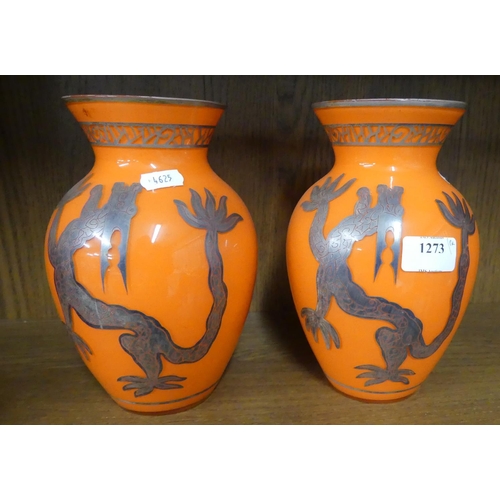Pair of Silver Painted Orange Glass Vases C1930.