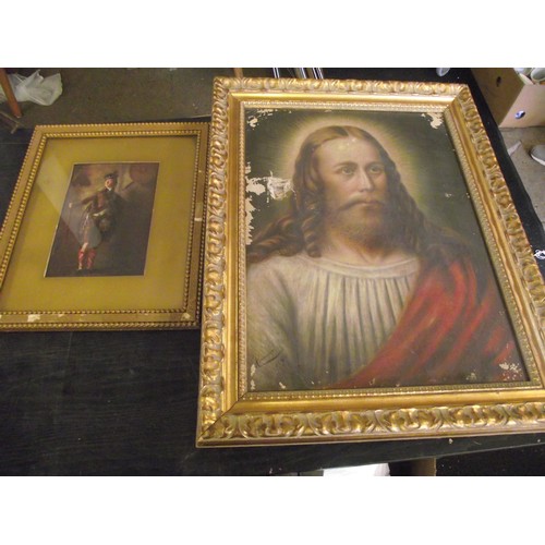 523 - Large Christ portrait dated 1890 signed oil painting & has some damage + Print.

Buyer beware.
This ... 