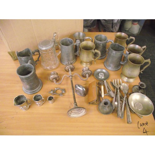 542 - Large box of Pewter and other metal items razors etc.
