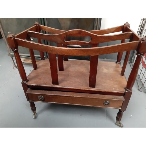 9 - Beautiful vintage Canterbury double magazine rack with draw and original wheels. 50 x 27 x 48cm