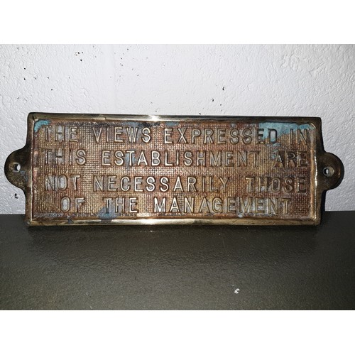38 - Vintage humourous solid brass bar sign. 240 x 80mm.