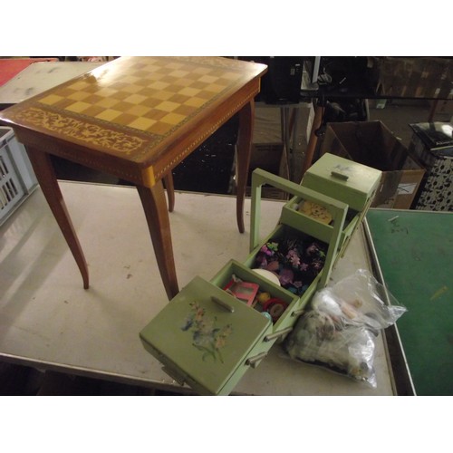 56 - Sorrento chess table and sewing box and contents