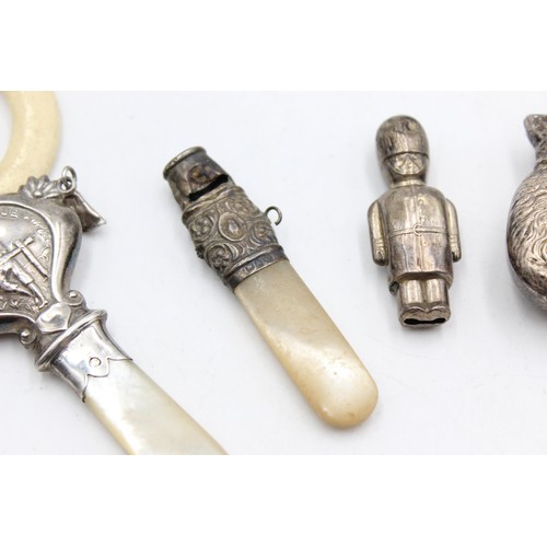 3 - ,4 x Antique / Vintage Hallmarked .925 STERLING SILVER Baby Rattles / Whistle 47g
