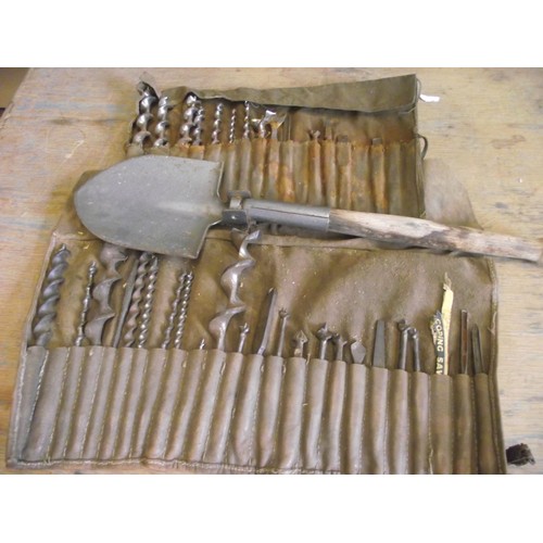 221 - 2 Rolls of Vintage drill bits and military folding shovel