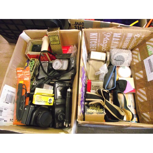 11 - 2 boxes of vintage & Retro cameras, equipment, tripods, filters, flashes, telscope spotters ect.