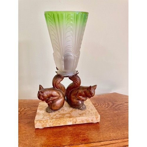 5 - Art Deco brass squirrels table lamp on marble base