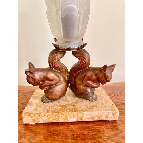 5 - Art Deco brass squirrels table lamp on marble base