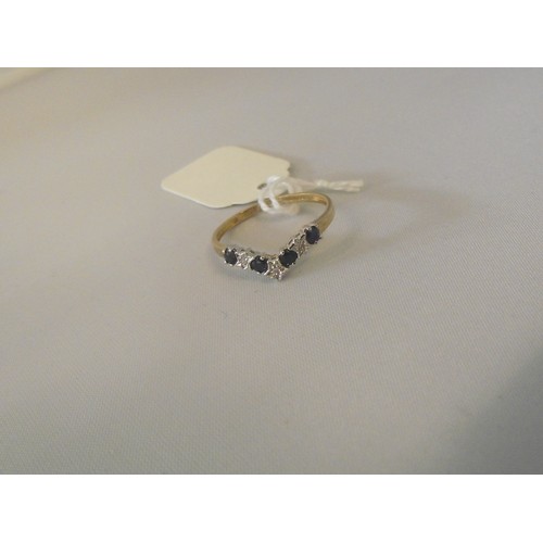 650 - 9ct gold diamond and sapphire wishbone ring size q