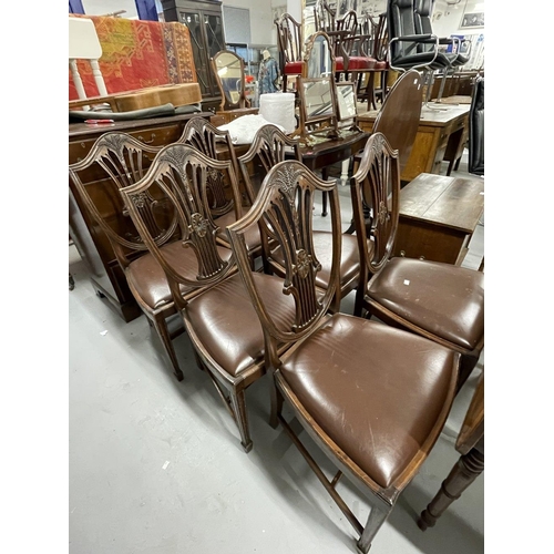 48 - Mid 20th cent. Mahogany dining chairs, shield corn sheaf backs with Rexine drop in seats. (6)