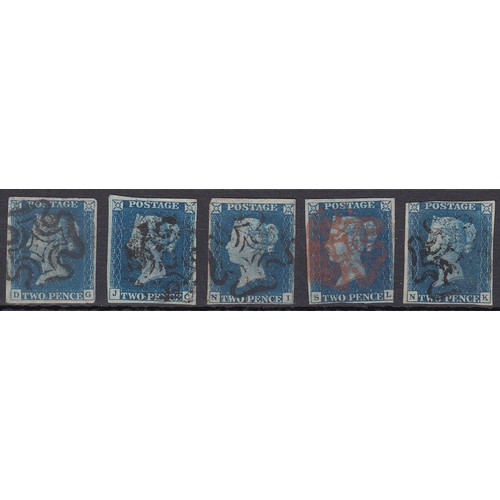 483 - A group of five used 1840 2d blues, includes x3 three-margins and x2 four-margins, various shades, g... 