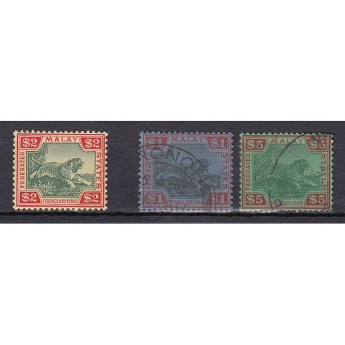 734 - A group of three Federated Malaya Tiger issues to $5 mint and used