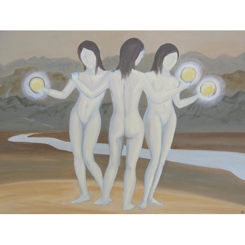 1015 - FILOMENA CAMPOS - THREE NUDE DANCING FEMALES, SIGNED, OIL ON CANVAS, FRAMED, 53CM X 80CM