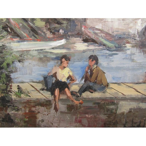 1059 - THULLRSCHER - CONTINENTAL TOWN RIVERSCAPE WITH FIGURES, SIGNED, OIL ON CANVAS, FRAMED, 60CM X 90CM