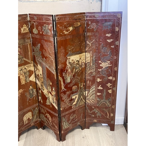 1064 - Chinese eight fold screen, carved and incised decoration, showing various out door scenes, with nobl... 