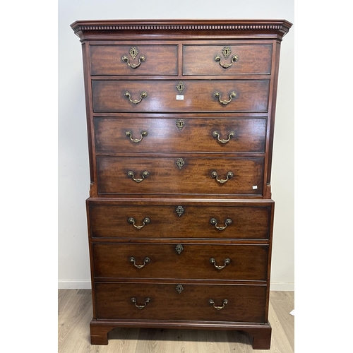 1069 - Fine antique Georgian mahogany chest on chest, dental moulded canted top over a stop fluted canted s... 