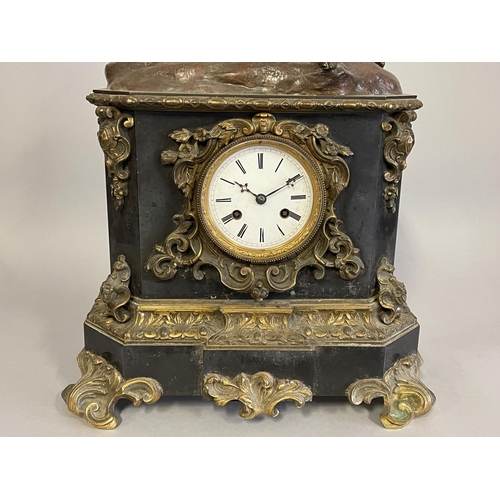 1026 - Antique French bronze figure mounted clock, no key has pendulum (in office c129.254) approx 64cm H x... 