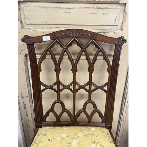 1056 - Fine pair of antique Georgian revival Gothic chairs, pierced carved fluted backs, drop in seats (2)