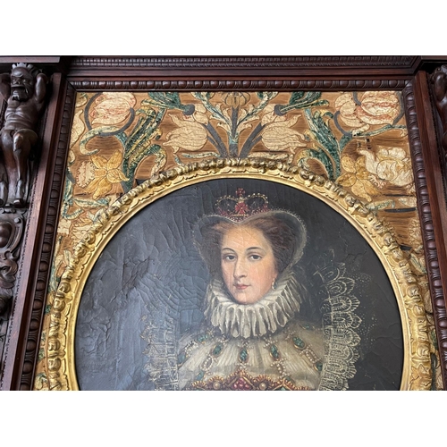 1015 - Rare antique 19th Century portrait of Mary Queen of Scots, oil on canvas, mounted into a silk backin... 