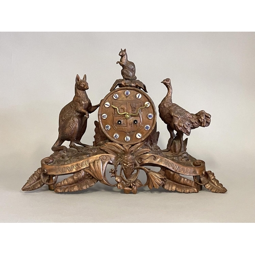 1005 - Antique Australian advance Australia clock, bronzed spelter, mounted with a figure of a kangaroo, em... 